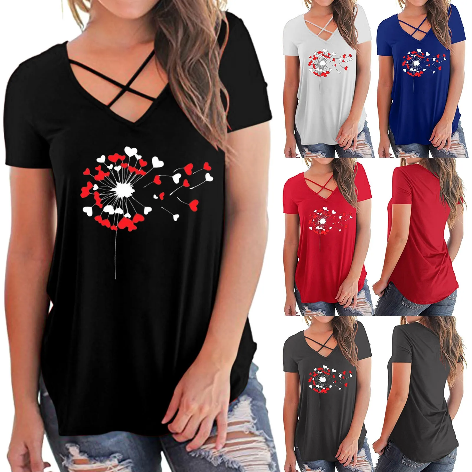 

Женские топы, футболки, базовая белая рубашка, женская повседневная Летняя туника с V-образным вырезом и коротким рукавом, топ с принтом, бел...