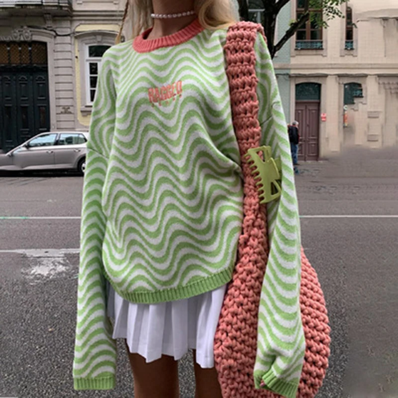

Весенний Топ с длинным рукавом и круглым вырезом, мягкий мешковатый свитер большого размера с волнистым принтом, женская модная уличная одежда, повседневная одежда, Прямая поставка