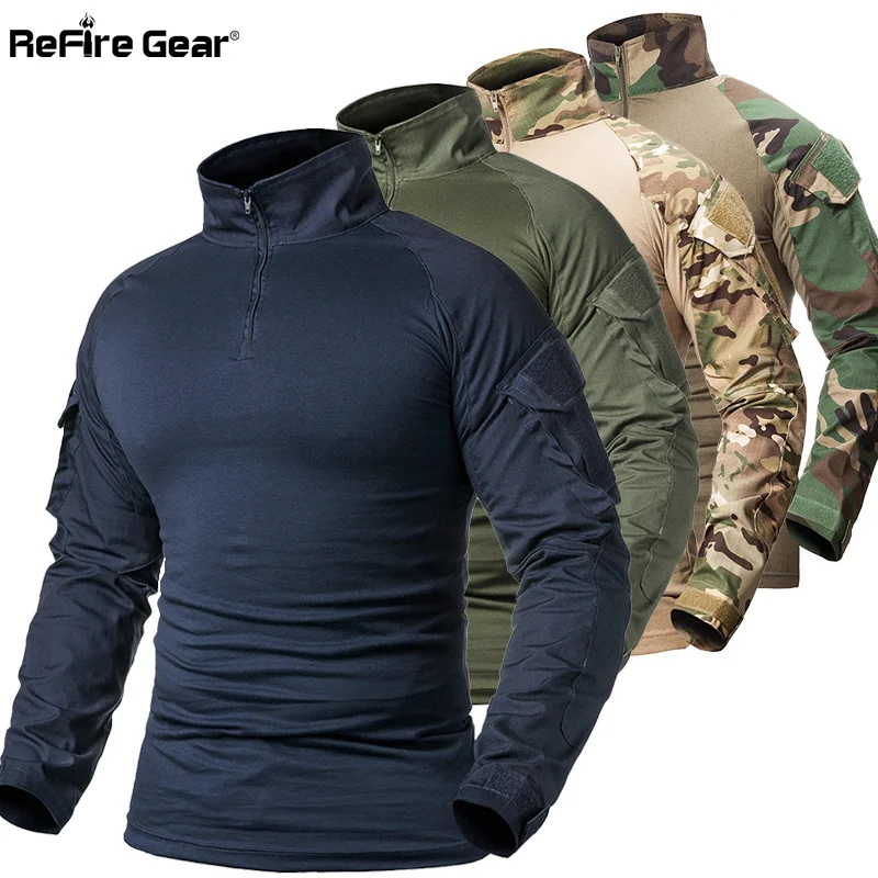 

ReFire ear Army Combat T sirt Men Lon Sleeve Tactical T-Sirt Solid Cotton Military Sirt Man Navy Blue unt Airsoft T Sirts
