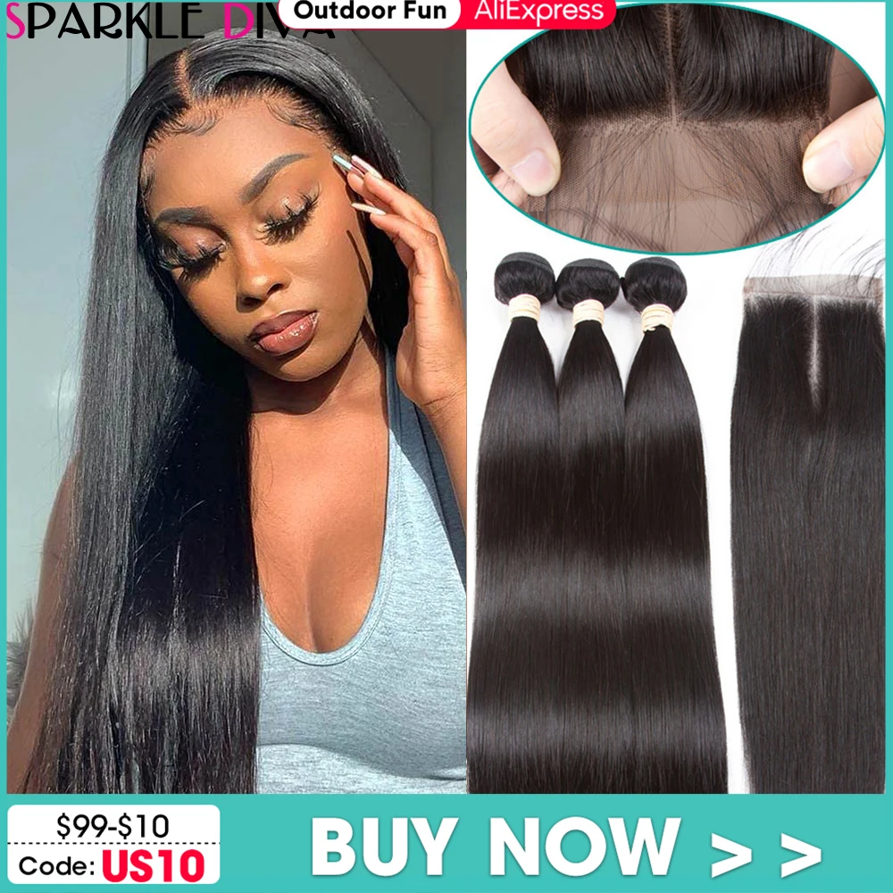 36 38 40 inch Long Straight Bundles With Closure Human Hair Brazilian Hair Weave Straight Extension With 5x5x1 Closure For Women