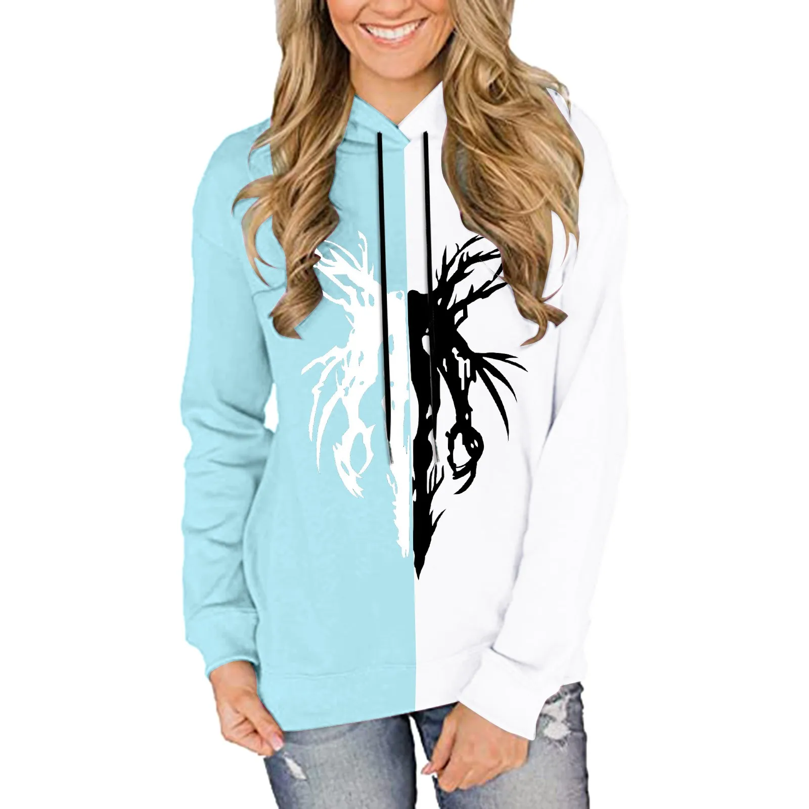 

Womens Loose Sweatshirt Sweatshirt Long Sleeve Punk Print Paneled Pullover Hoodie Sleep Jacket Womens Long Zipper Hoodie