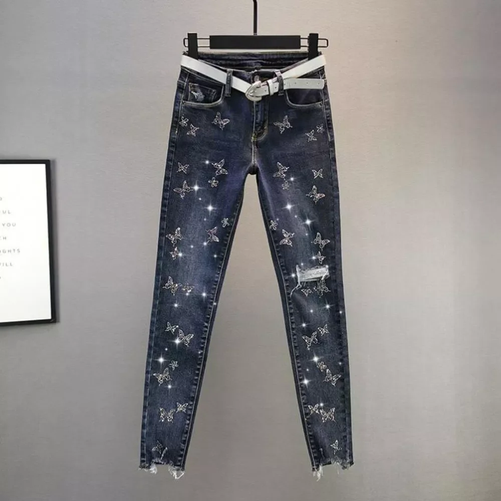 

High Waist Jeans Women Beading Butterfly Fashion Ripped Jeans Casual Stretch Jeans Female Washed Denim Pencil Pants