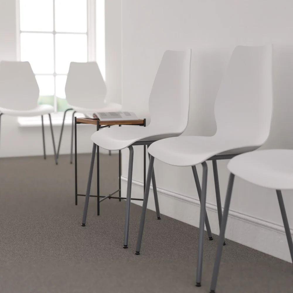 

Series 770 lb. Capacity White Stack Chair with Lumbar Support and Silver Frame