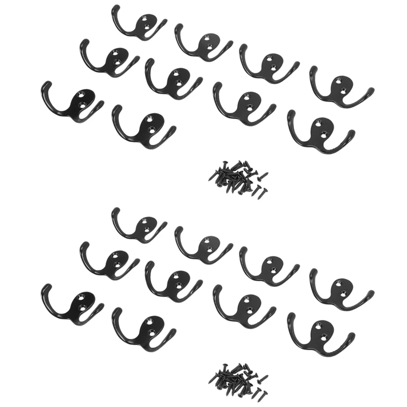 

20 Pcs Heavy Duty Double Prong Coat Hooks Wall Mounted With 40 Screws (Black)