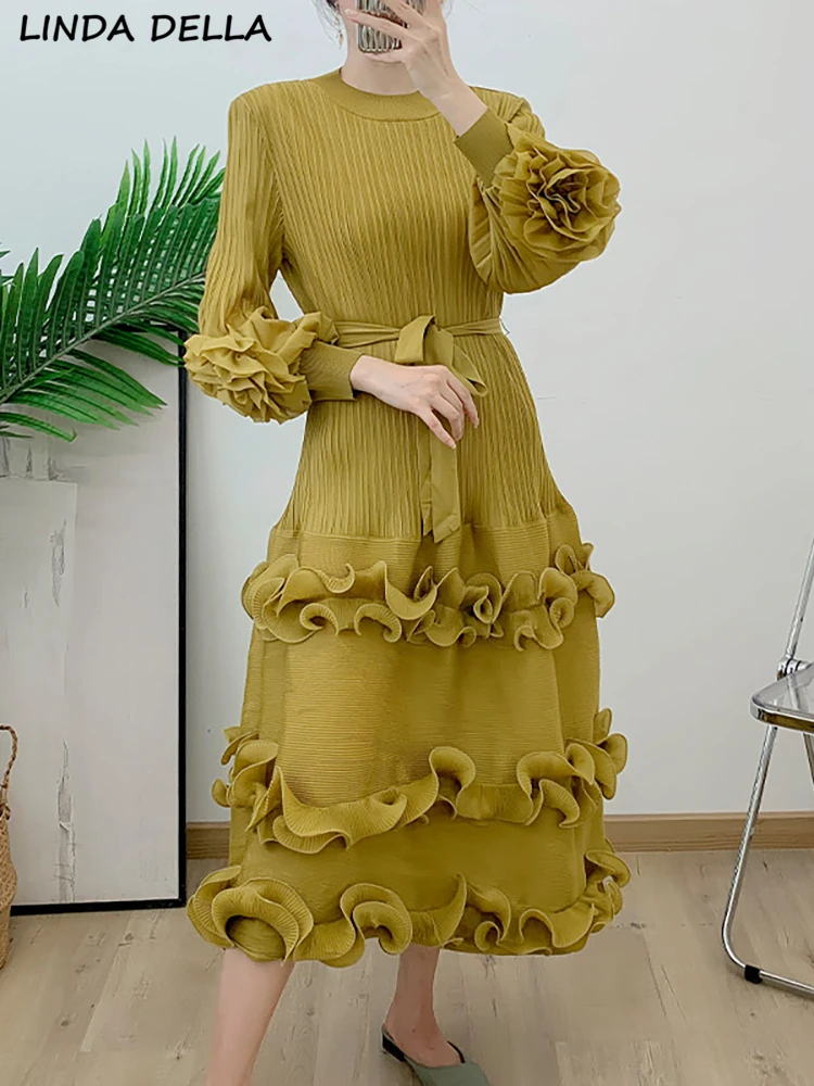 

Женское винтажное платье LINDA DELLA, длинное желтое платье с круглым вырезом, аппликацией и оборками, лето 2019