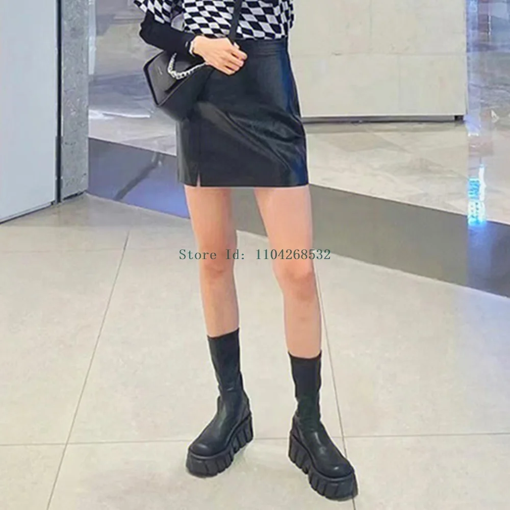 Эластичные ботинки из натуральной кожи на толстом каблуке сексуальные