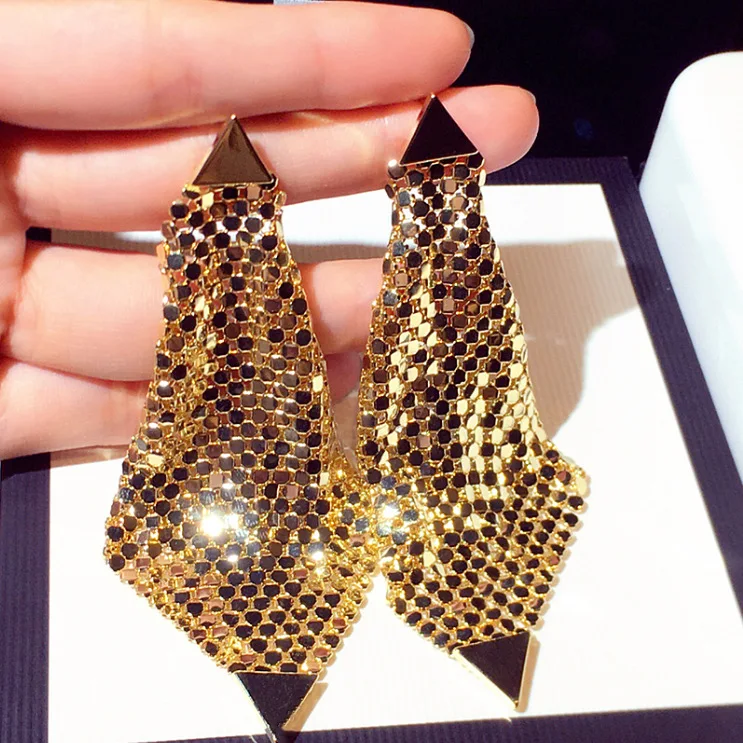 

925 Silver Gold Plated Tassels Earrings Triangle Round Wafer Dots Irregular Cloth Shape Earring Ear Pendant Drop Earring Women