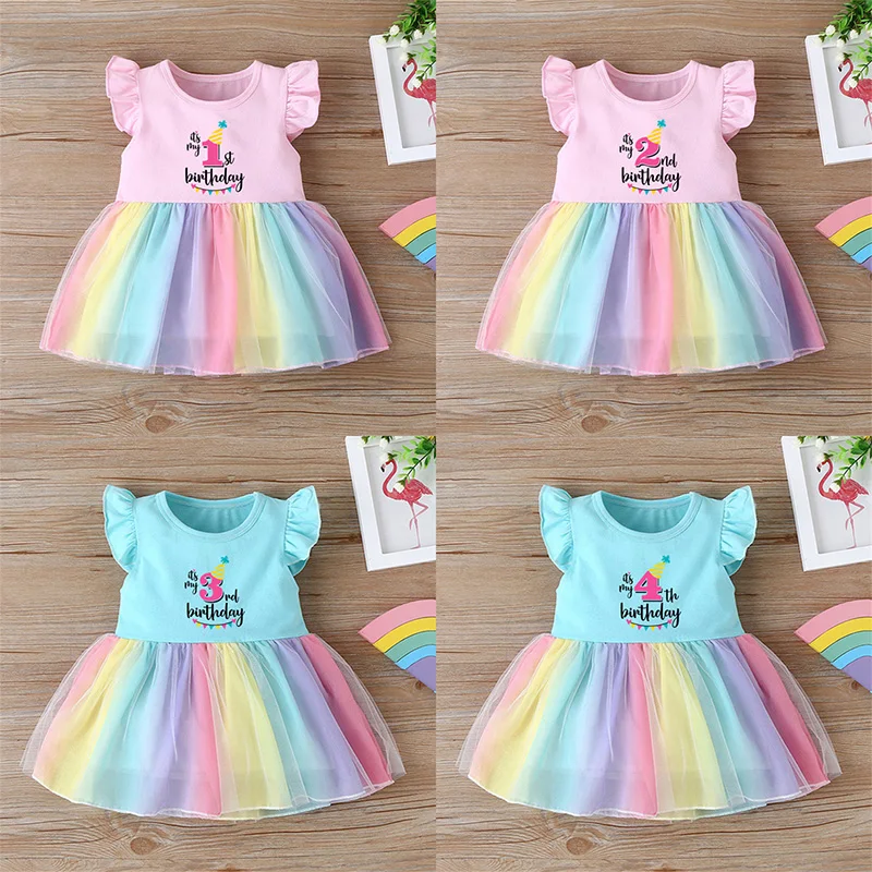 

Baby Girl Clothes It's My 1st 2nd 3rd 4th Birthday Dress Cute Princess Vestidos Toddler Girls Summer Rainbow Mesh Party Dresses