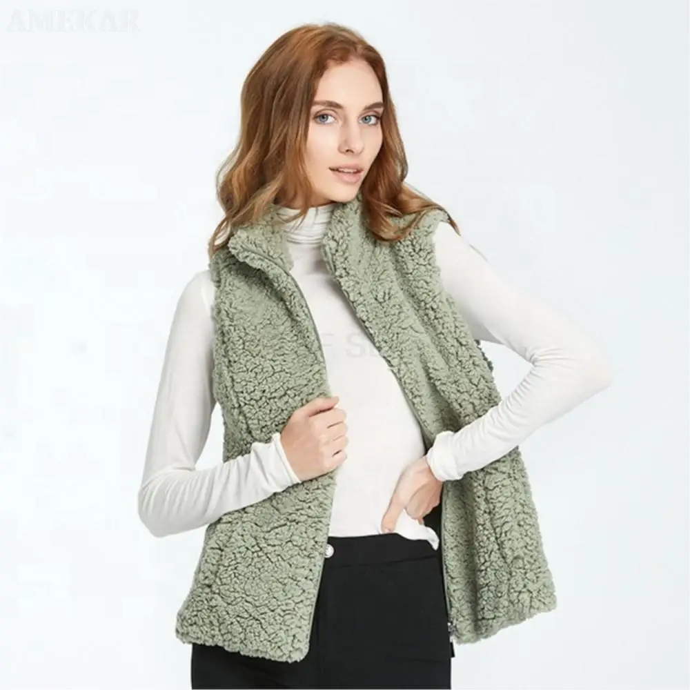 Women Fleece Real Fur Vest Coat Sleeveless Pocket Casual Fashion Short Waistcoat Pure Color Zipper Winter Warmth Fur Jackets
