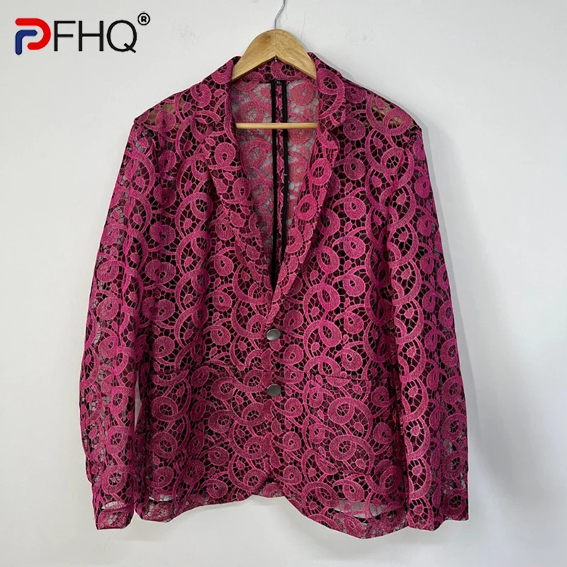 

PFHQ Organza Heavy Industry Embroidery Blazers Chic Men's Sunscreen Casual Breathable Perspective Loose Autumn Suit Coat 21Z1606