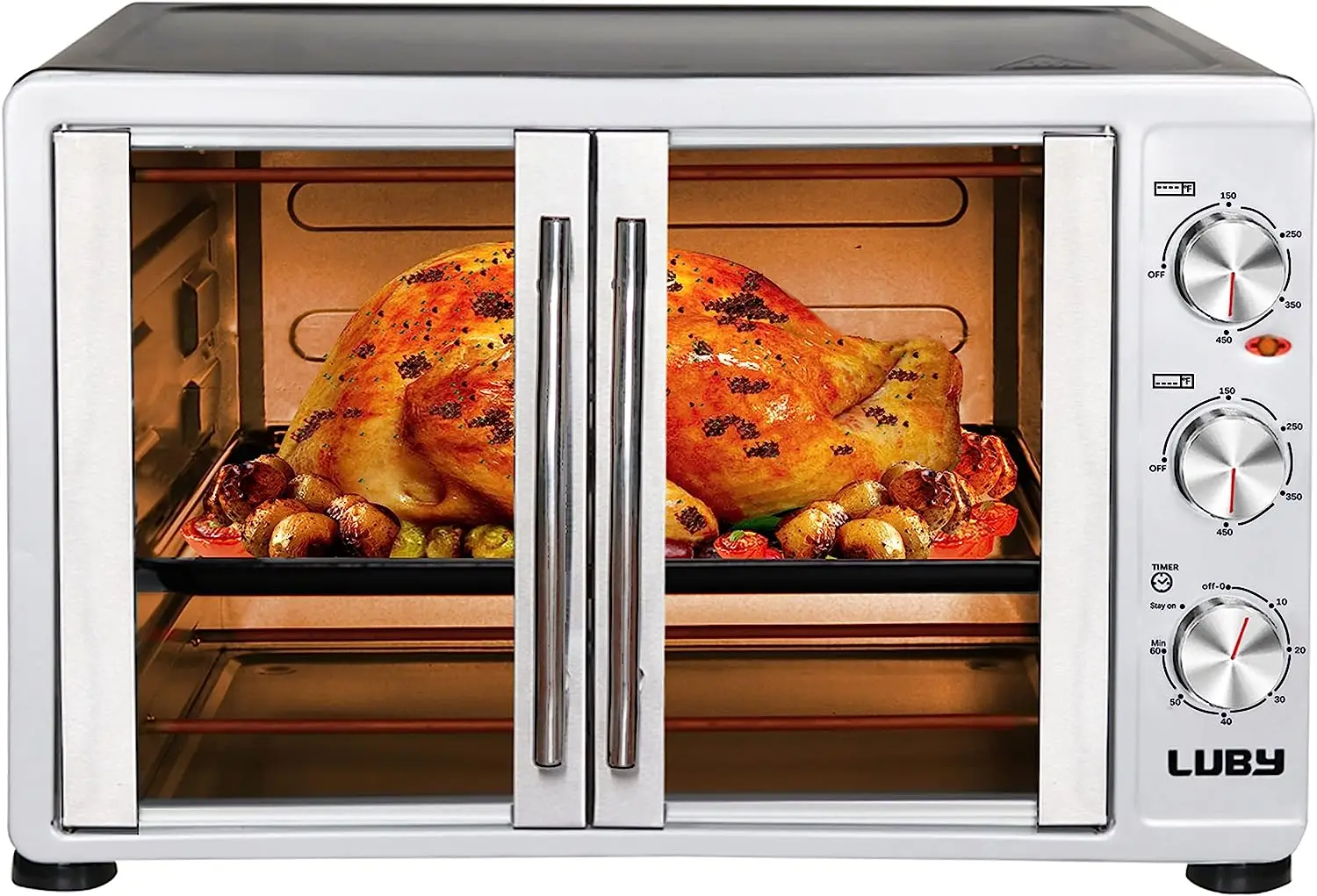 

Large Toaster Oven Countertop, French Door Designed, 55L, 18 Slices, 14'' pizza, 20lb Turkey, Silver