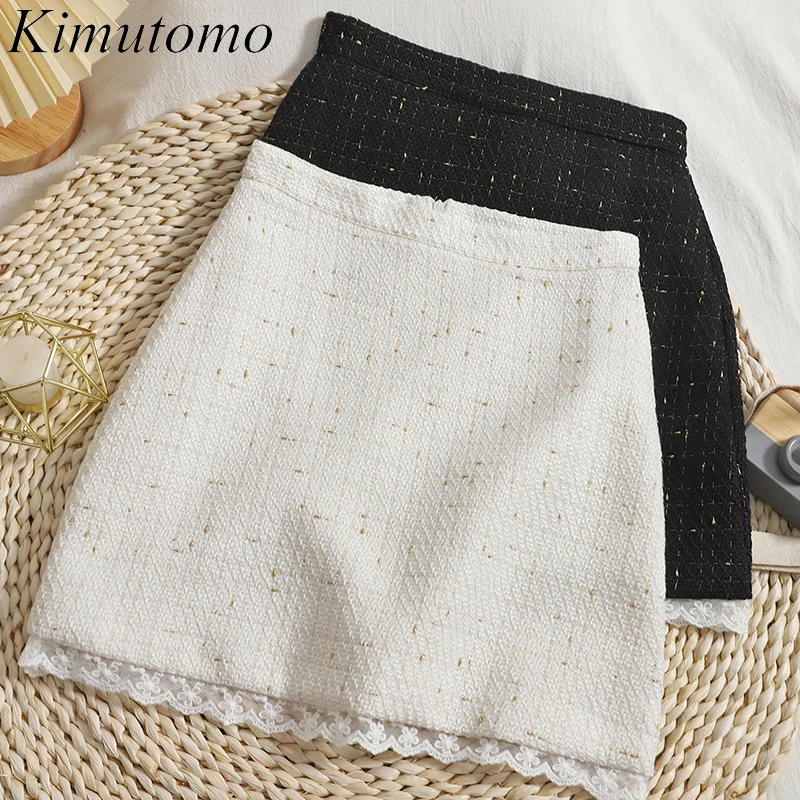 

Корейская кружевная юбка Kimutomo в стиле пэчворк, женская элегантная яркая шелковая твидовая мини-юбка с высокой талией, Женская универсальна...