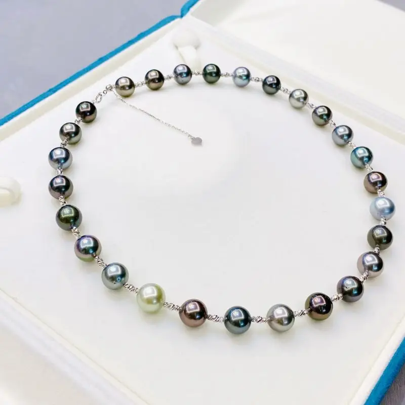 

Ожерелье из 18-каратного золота 9-10 мм с черным жемчугом из морской воды и Таити, уникальное регулируемое ожерелье с цветным градиентом для женщин и девушек, ювелирные изделия, подарки