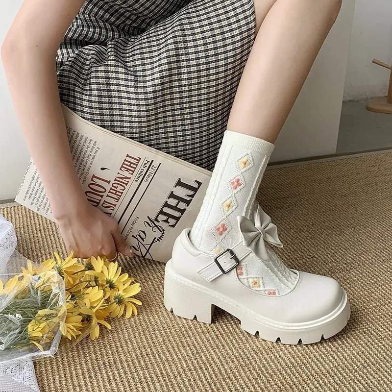 

Shoes For Women's Mary Janes Pumps Platform Sneakers All Match Skirt High Round Heels Hook & Loop Ladies Black PU Lolita Ballet
