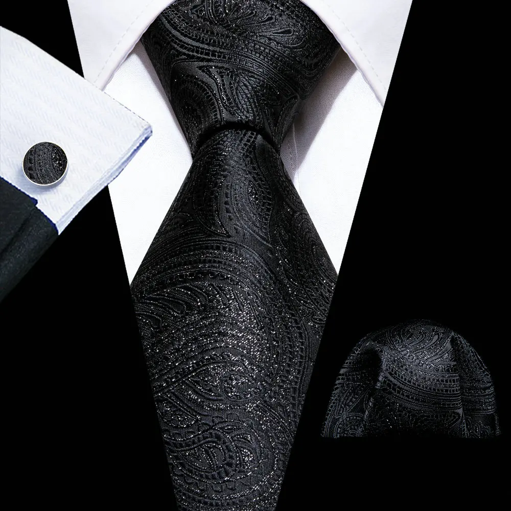 

Fashion Black Paisley Men Silk Necktie Brooches Men Tie Handkerchief Cufflinks Sets Men Gift Barry.Wang Designer FA-5836