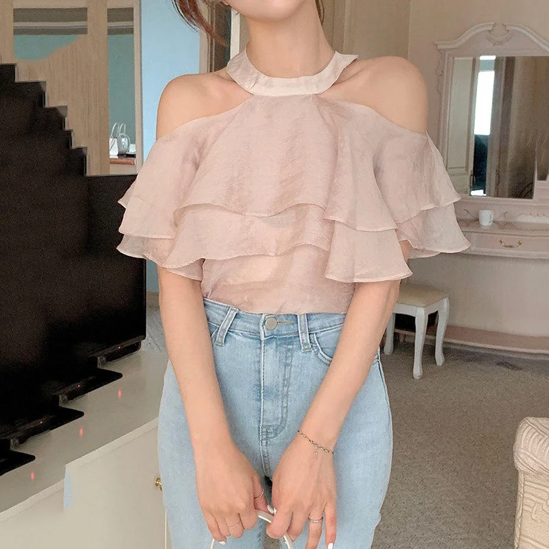 

Женская блузка, Корейская шикарная летняя Нежная блузка с оборками и открытыми плечами, рубашка с изображением лесбиянок, Женская французс...