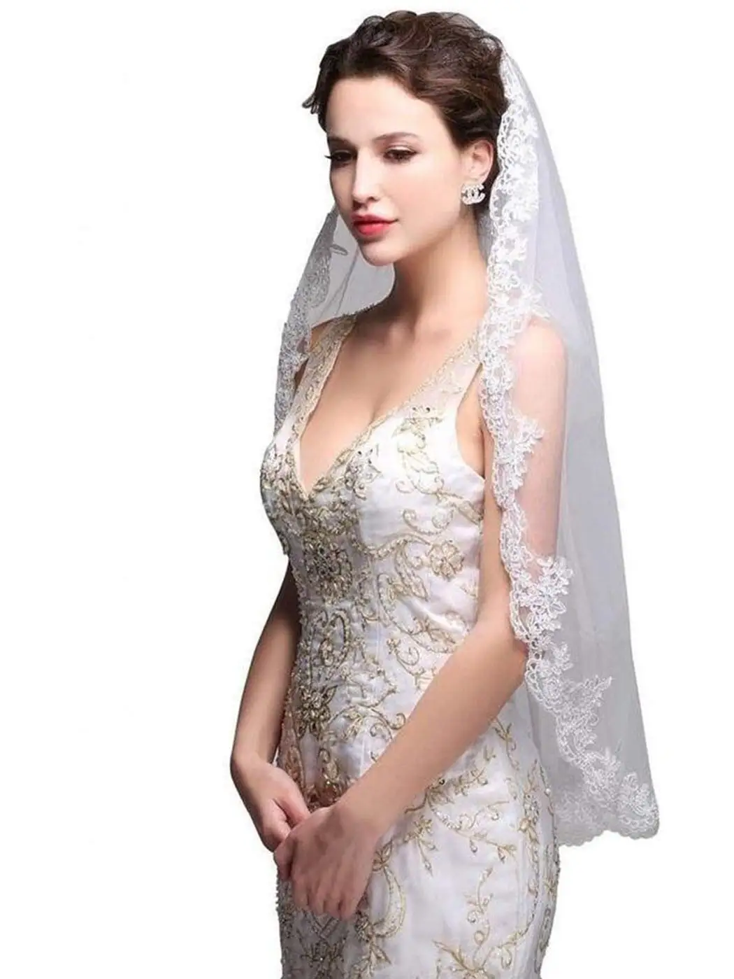 

Wedding Veil 1T Fingertip Length Lace Veil for Bride Embroidered Veil With Comb Wedding Headpiece for Women and Girls