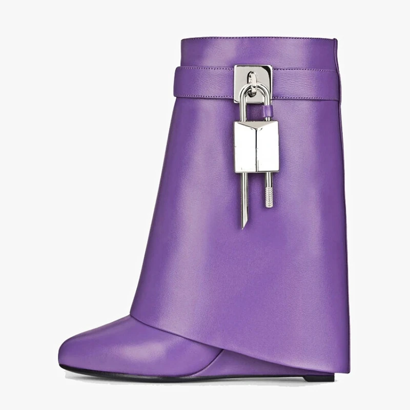 

Brand Classic Design Women Fashion Shark Lock Ankle Boots Folded Leather Wedge Heel Double Barrel Straight Skirt Boots, Size 43