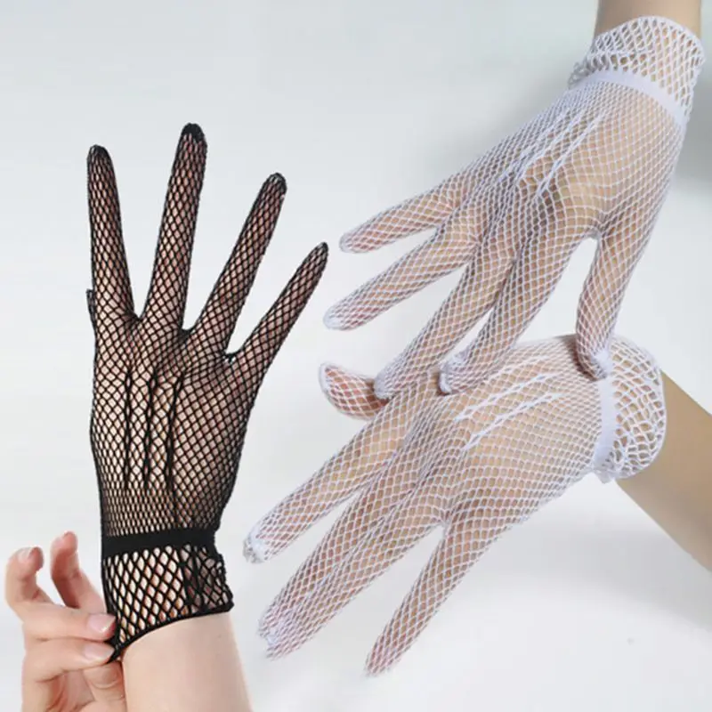 

Women Bridal Sexy Hollow Out Fishnet Full Fingered Gloves Wrist Length Elastic Solid Color Sunscreen Mittens Wedding Party 2