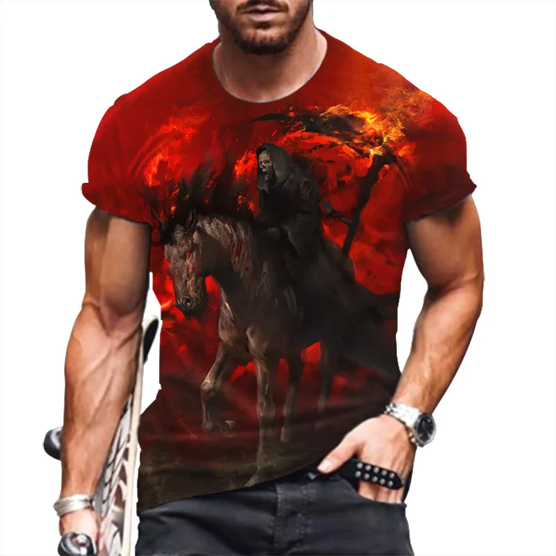 

Модная трендовая Мужская футболка, Высококачественная крутая футболка с 3D принтом и короткими рукавами, индивидуальный уличный топ со скелетом рыцаря