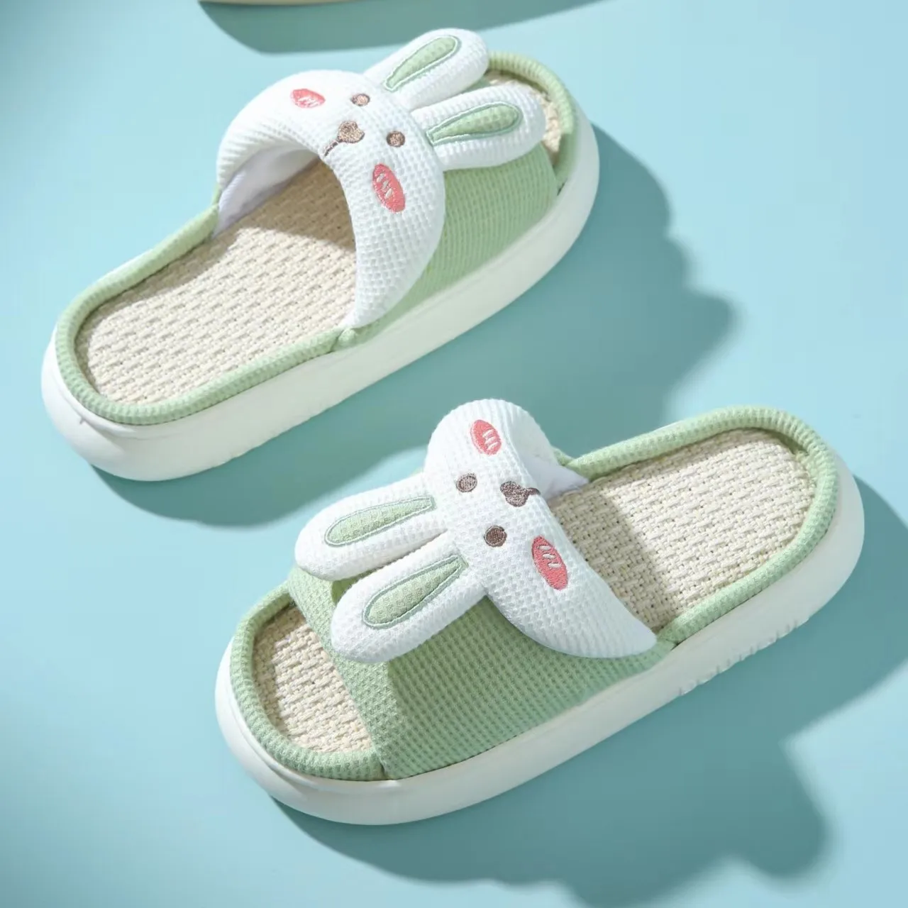 Cute Rabbit Slippers for Womens Design Cartoon Flip Flops Lady Cotton Linen House Shoes Slides Four Season Casual Home Slippers
