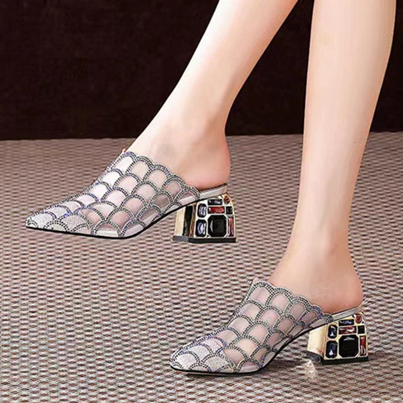 

Rhinestone Half Slippers Women's Thick Heel Square Toe Shoes Summer Breathable Mesh High Heels Sandals Women's Soft Bottom Mules