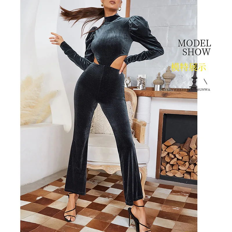 Женский бархатный комбинезон с вырезами облегающий длинный длинным рукавом и
