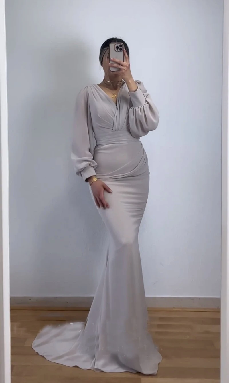 

Gorgeous V-Neck Evening Dress with Chiffon Fabric Button Accents and A Mermaid Skirt