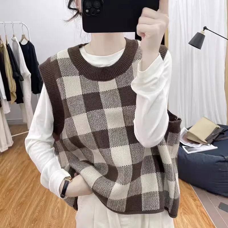 

kpop plaid Sweater Vest crew neck knitted pull femme tank top women Sleeveless Jumper Tops knitwears womens clothing jerseys