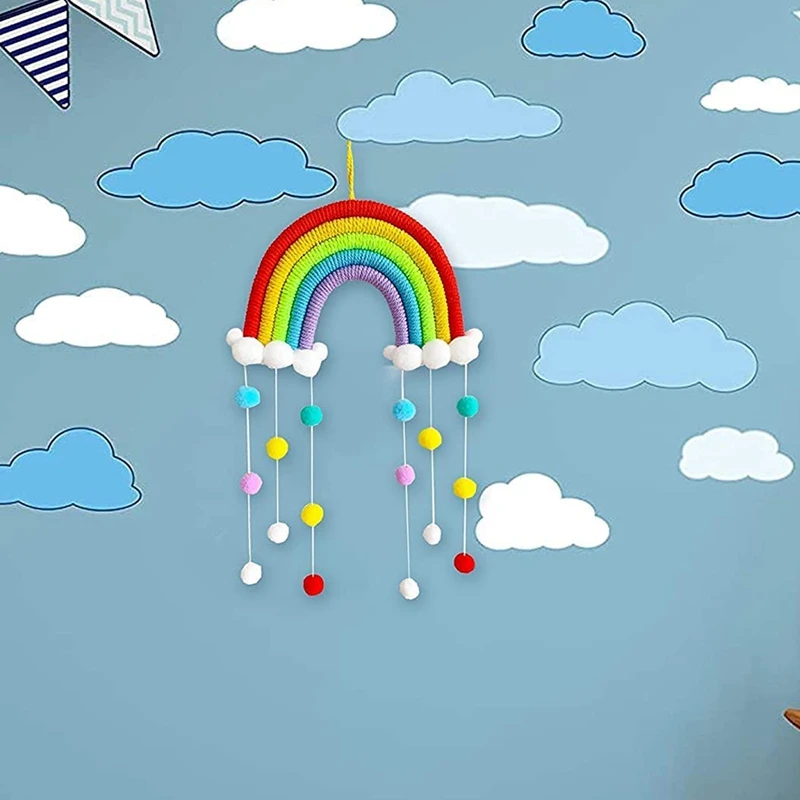 

Woven Clouds Rainbow Pendant Hanging Strap Hair Ball Charms Kawaii Children Room Decor Nordic Style Home Wall Decoration Pendant