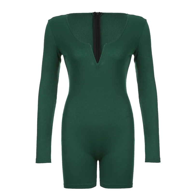 LEOSD Jumpsuites Woman Fashion Solid Knitting V-neck Long-sleeved Basic Simple Versatile Shorts Women Bodycon Jumpsuit Romper