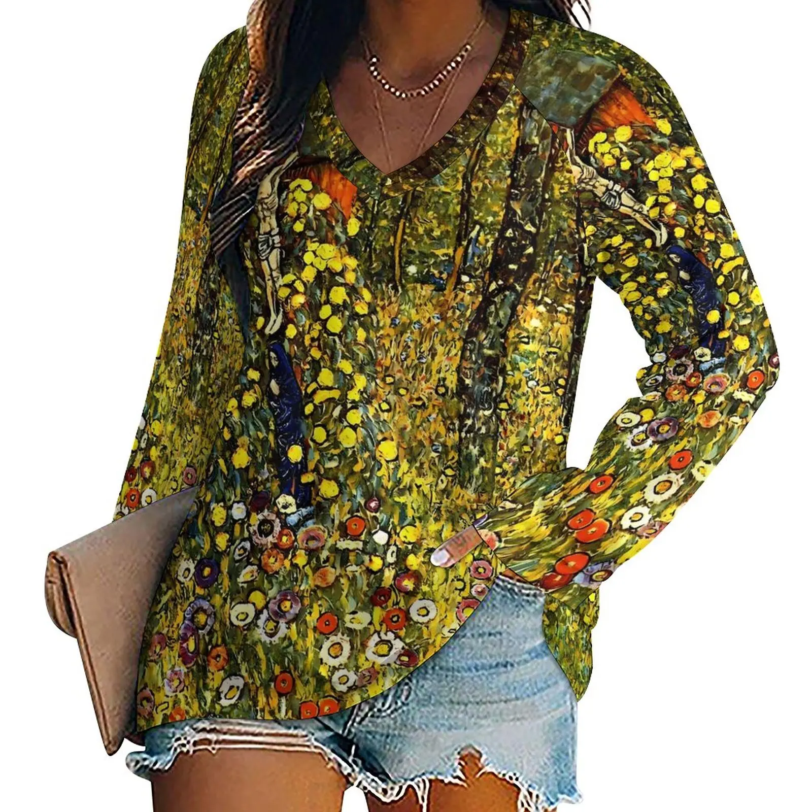 

Gustav Klimt Art T-Shirts Farm Garden Trendy T-Shirt Ladies Long Sleeve Street Style Tops Oversize V Neck Graphic Top Tees