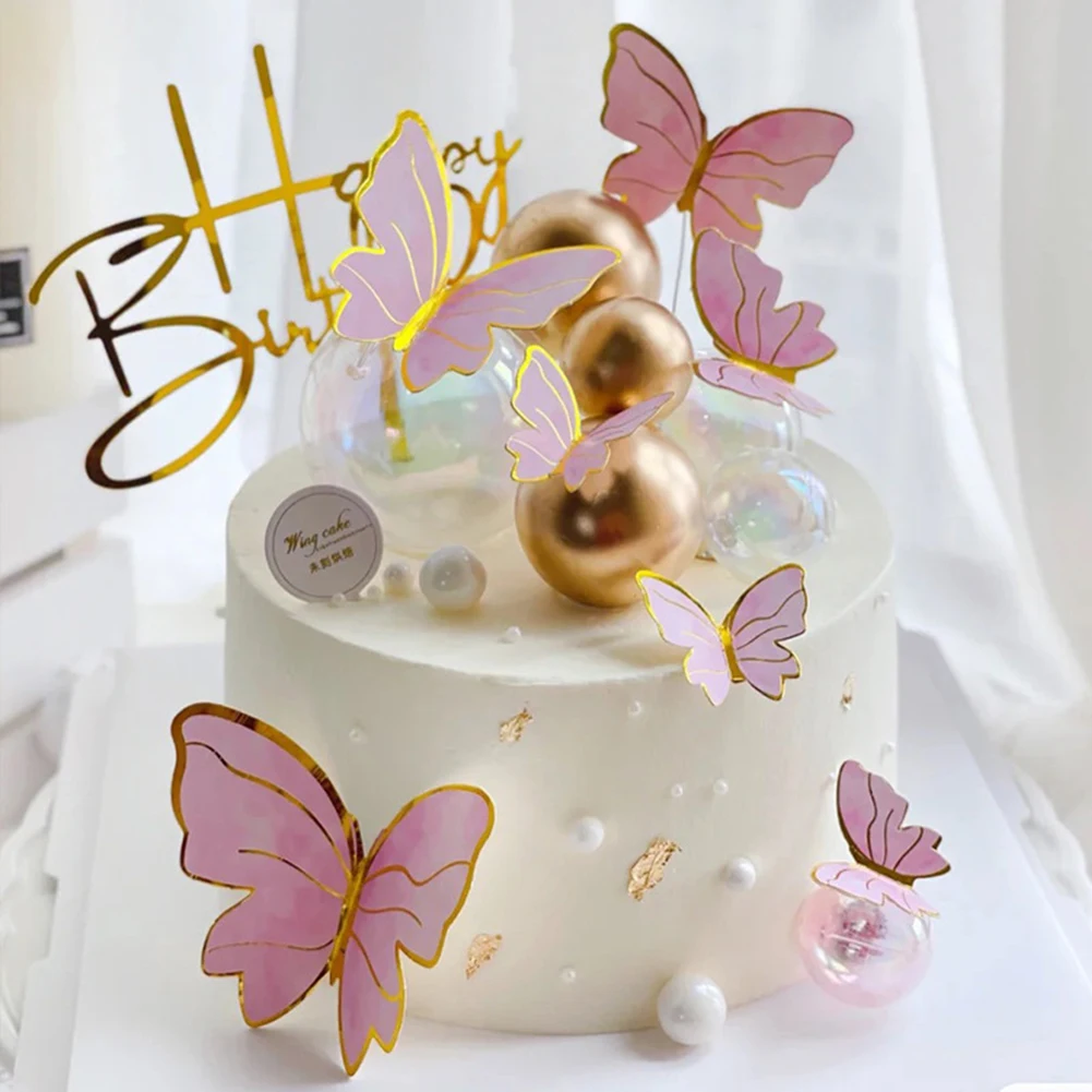 

Happy Birthday Cake Topper Pink Purple Hand Painted Butterfly Cake Topper Birthday Wedding Party Baby Shower Dessert Decorations