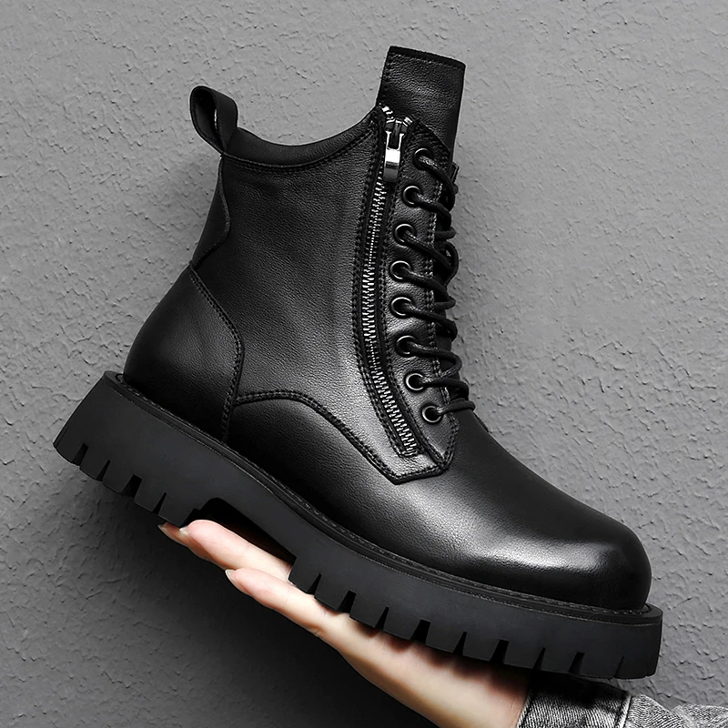 

Punk Ankle Boots Mens Warm Comfortable Wear-resistant Sole Shoes Man Winter Motorcycle Boots Back Zip Male Walking Boots New
