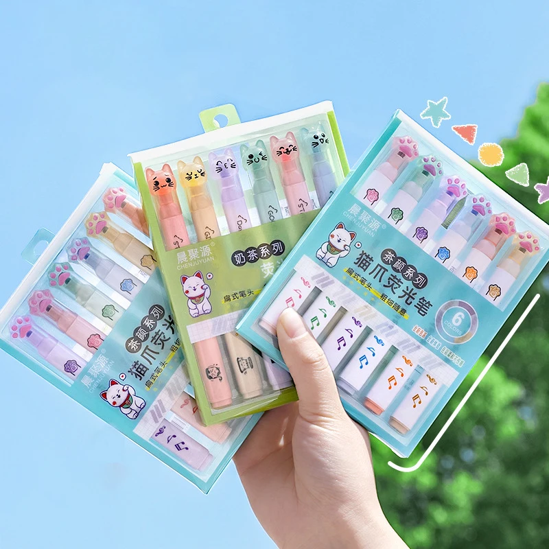 

6pcs/set Cute Cat Claw Highlighters Diary Note Textbook Markers Kawaii Student Highlighters Korean Stationery Office Supplies