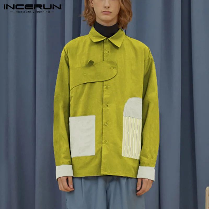 

Korean Style Man Buttons Blusas INCERUN Men Patchwork Shirts Leisure Long Sleeve Lapel Camisa Fashion Big Pockets Chemise S-5XL