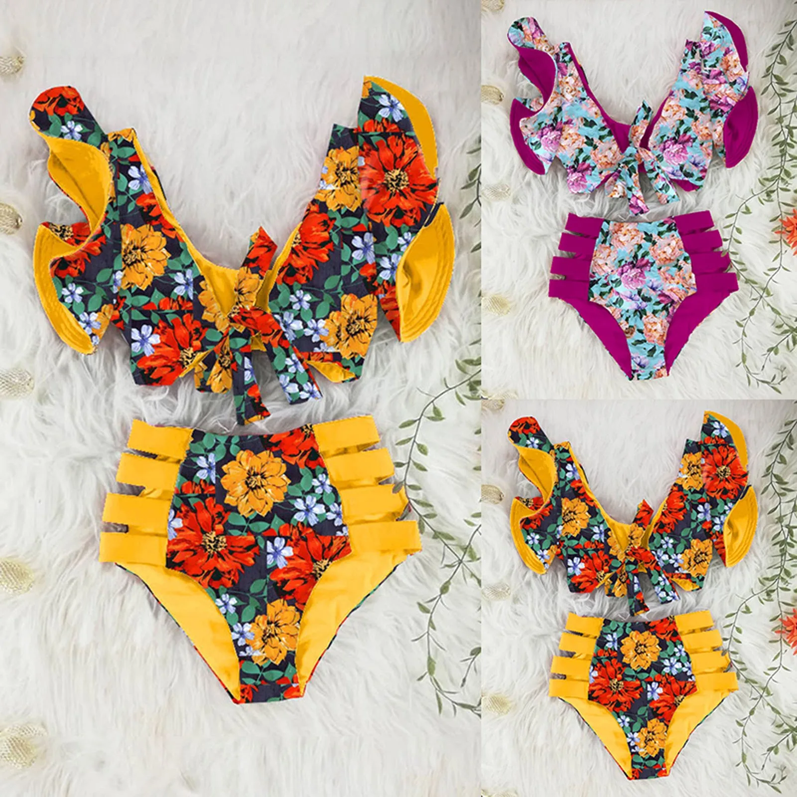 

Fashion Floral Print Bikini With Breast Pad No Steel Holder Lace Up Sexy Swimsuit Split Swimsuit Beachwear Biquinis Padded