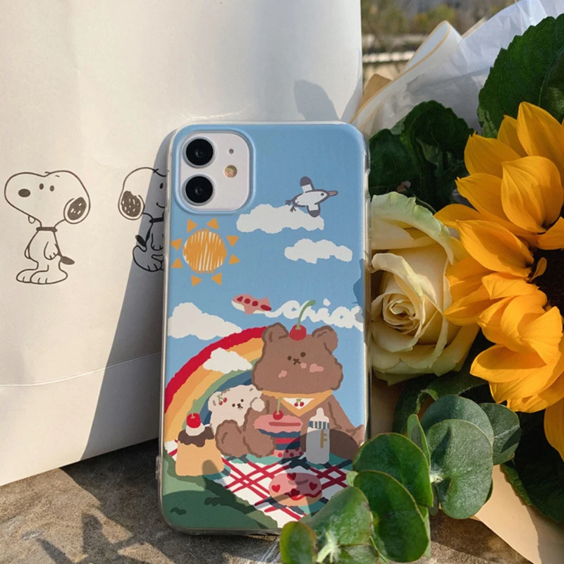 

Korean Cute oil painting picnic bear Phone Case For iPhone 13 11 12 Pro Max MINI X XR XSMax 7 8 Plus Cartoon Silicone Soft Cover