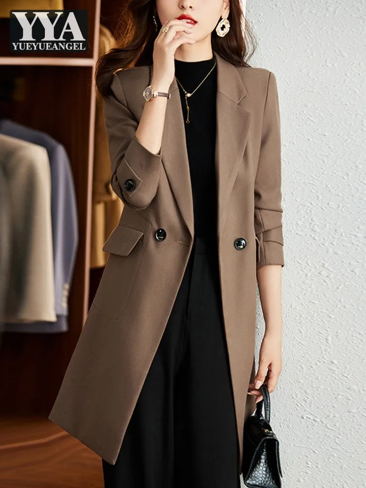 Autumn Office Ladies Double Breasted Suit Coat Women Work Mid Long Trench Loose Fit Casual Windbreaker Outwear Solid Colors Coat