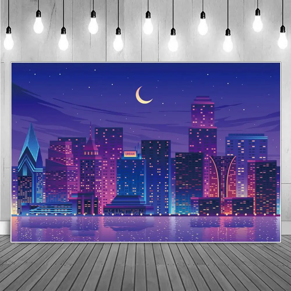 

Neon City Stage Photography Backdrop Birthday Decoration Children Superhero Home Platform Stars Sky Party Photo Booth Background