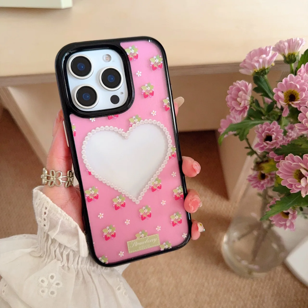 Чехол Ins Style Pink Love Heart Pearl с клубникой для телефона iphone 16 Pro Max 15 14 13 чехол в подарок
