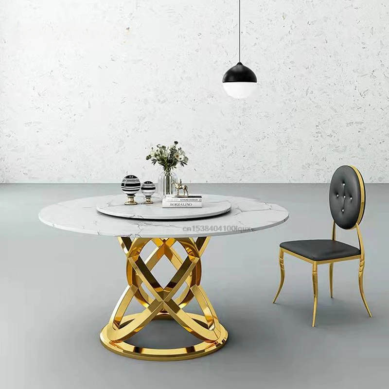 

Large Family Table Dining For Kitchen Round Household Table With Glossy Natural Marble Turntable White 1.5m Desk And 6 Chairs