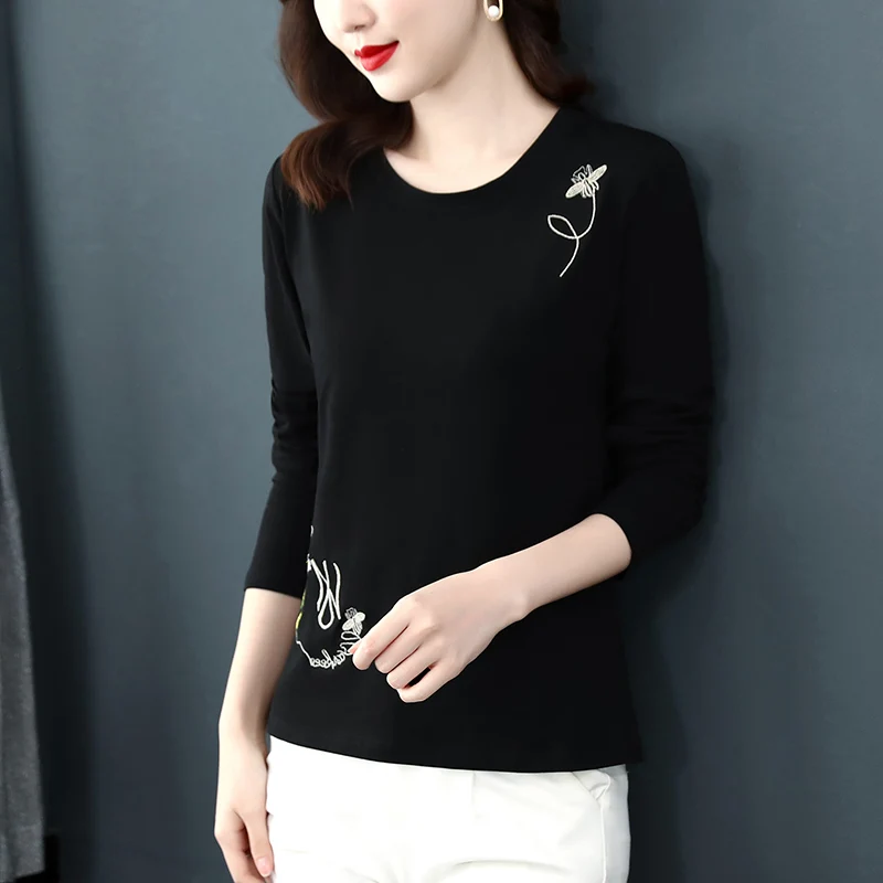 

Новинка 2022, осенняя хлопковая Футболка с вышивкой, женская рубашка с длинным рукавом, свободная женская футболка с круглым вырезом, женские рубашки в Корейском стиле