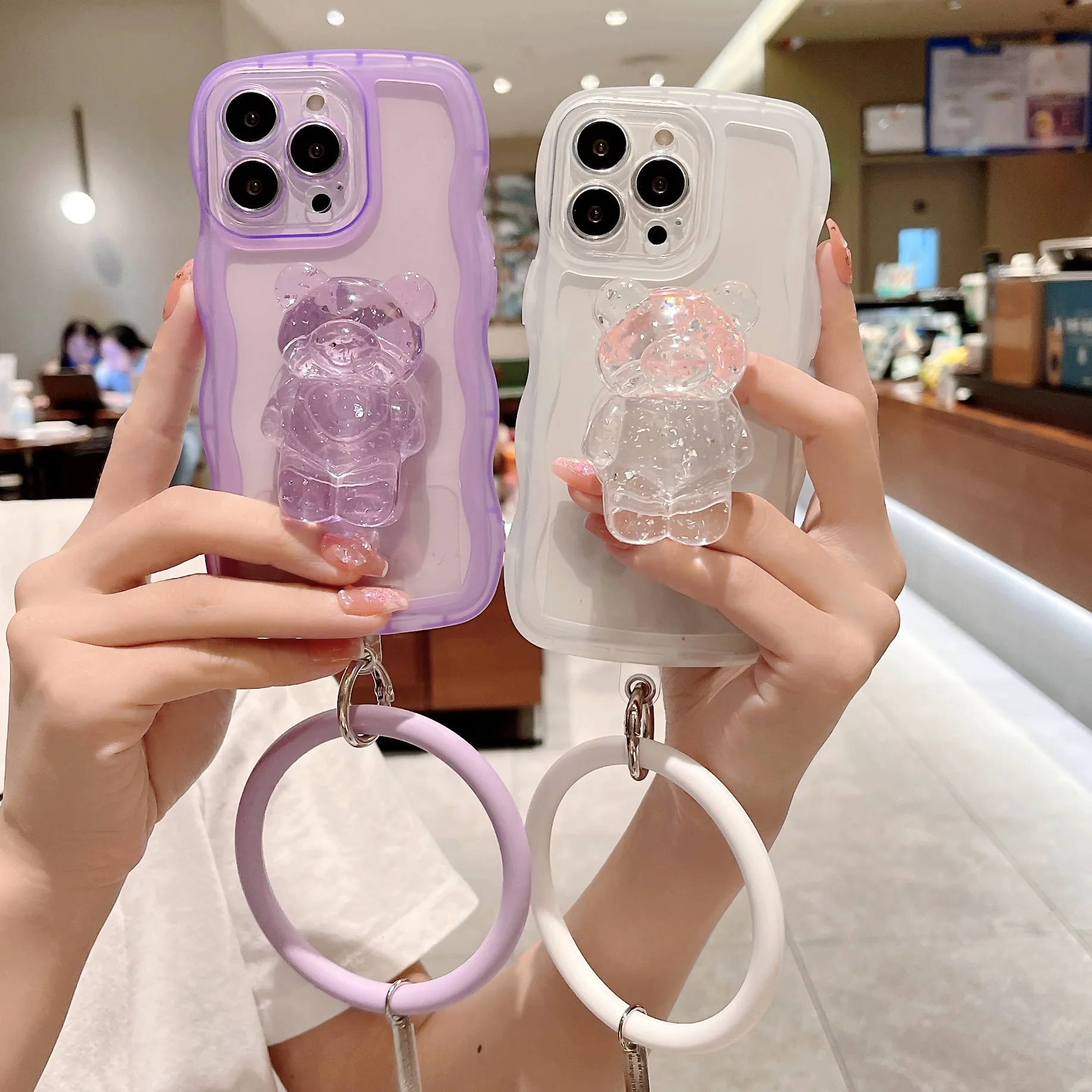 

3D Cute Cartoon Bear Wavy Matte Ring Holder Soft Case For OPPO A72 R15 R17 RENO 3 4 5 6 PRO 7 8 Anti-lost Bracelet Keychain