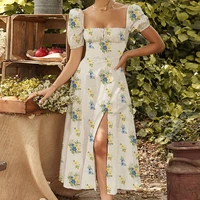 2022 summer new vintage printed french floral open back slim fit sling slit dress women robe vestidos de verano mujer