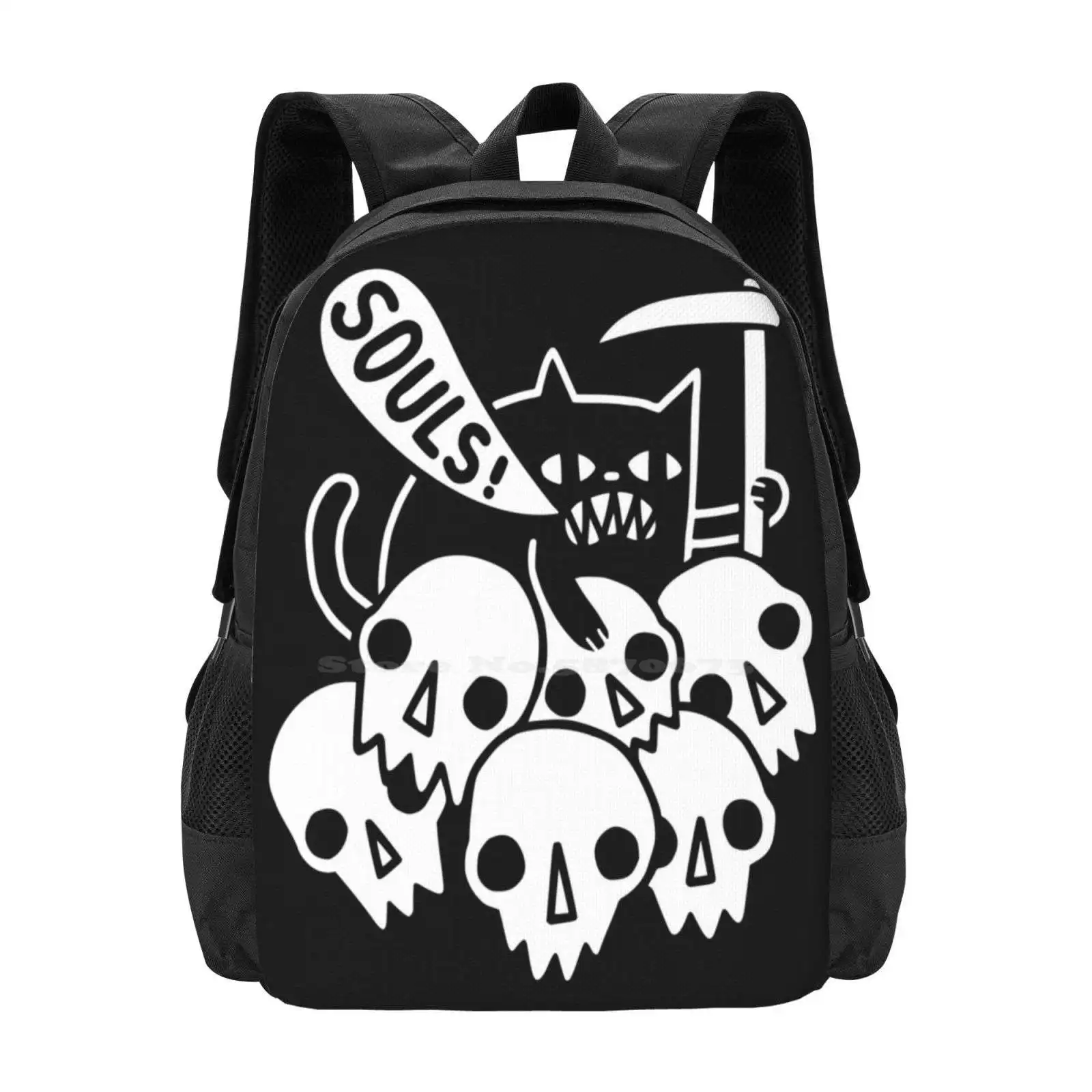 

Cat Got Your Soul  Teen College Student Backpack Pattern Design Bags Cats Skulls Skeletons Grim Reaper Dark Souls Black Cat