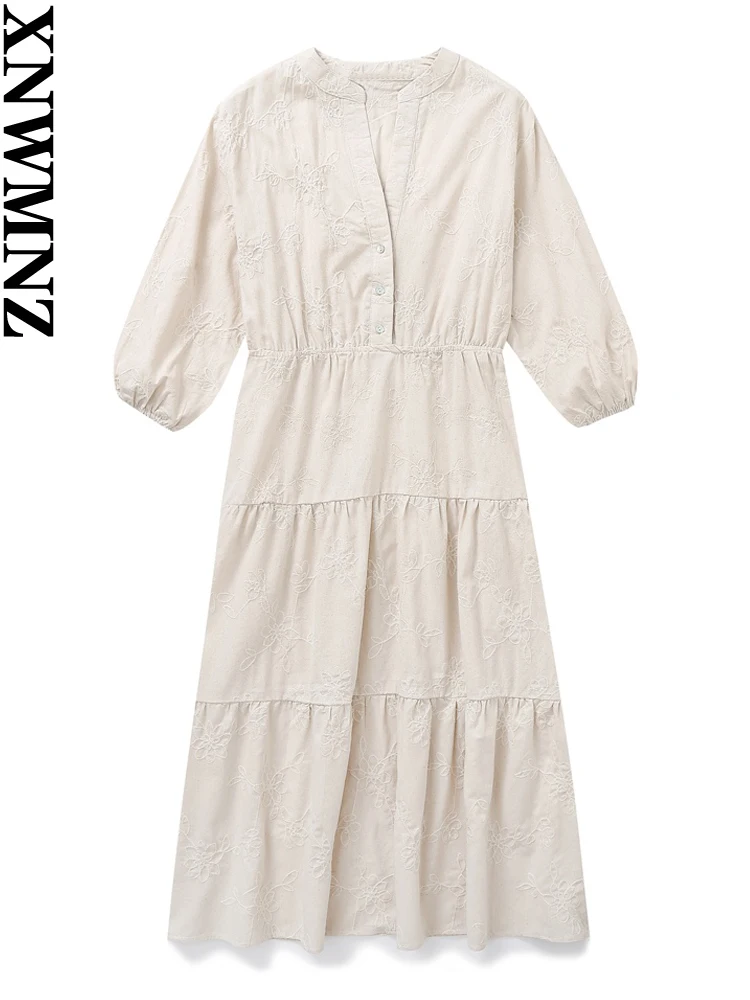 

XNWMNZ Women Fashion New Embroidery Linen Blend Dress Woman Vacation Style Elastic Waist Front Button Female Chic Midi Dresses