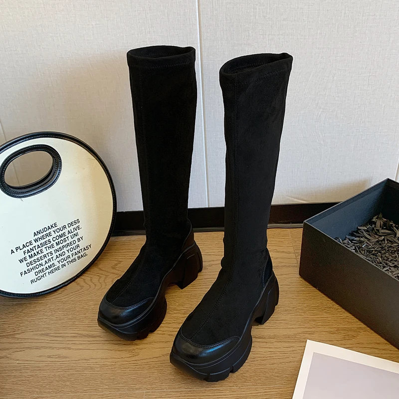 

Winter Fashion Ladies Knee High Stretch Boots Round Toe Modern Women Ankle Sock Boots Slip on Female Wedges Shoes Botas Mujer