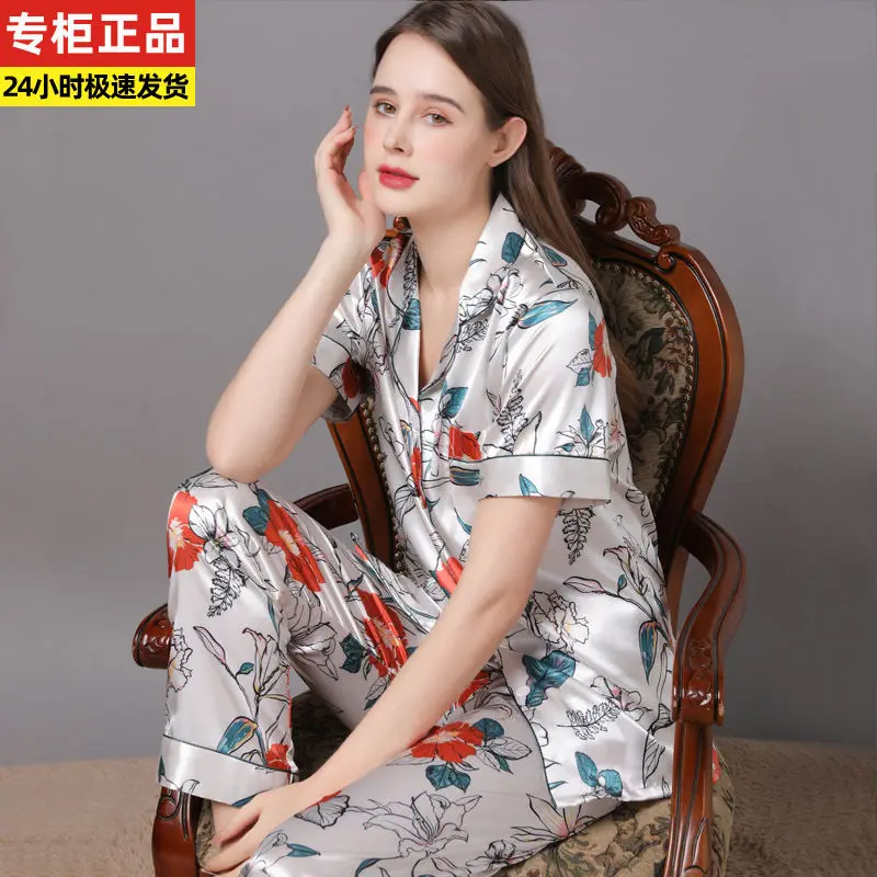 High grade genuine mulberry silk pajamas women's silk summer thin short sleeve loose large two piece home clothes set