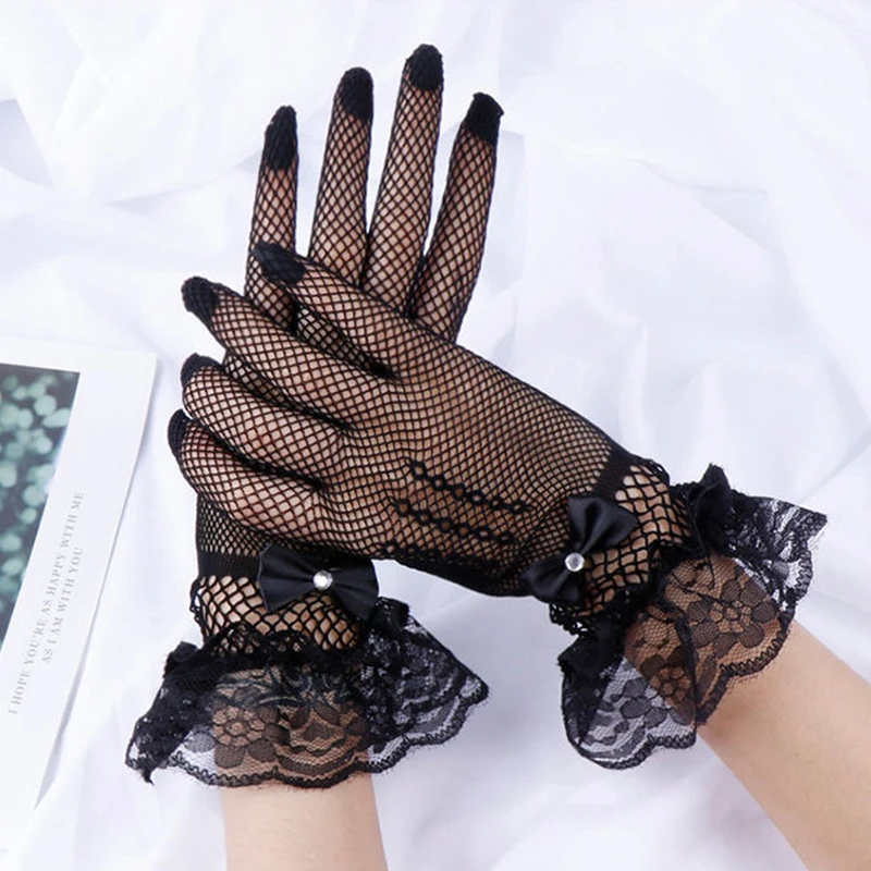 

Rhinestone Bow Lace Design Black White Summer Uv-proof Driving Gloves Mesh Fishnet Gloves Sheer Fishn Net Full Finger Mittens